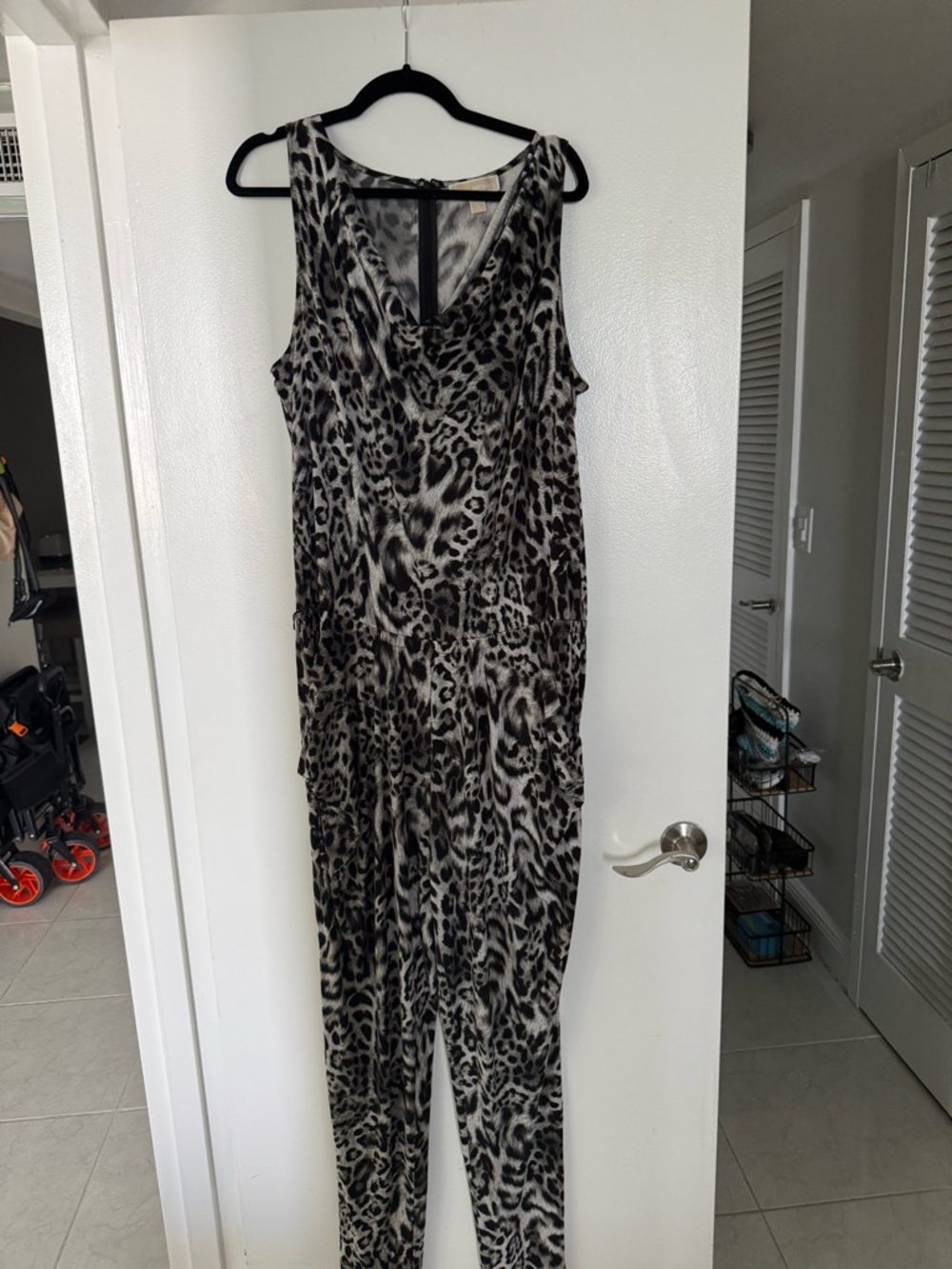 Michael Kors Sleeveless Leopard-Print Jumpsuit in Black & White